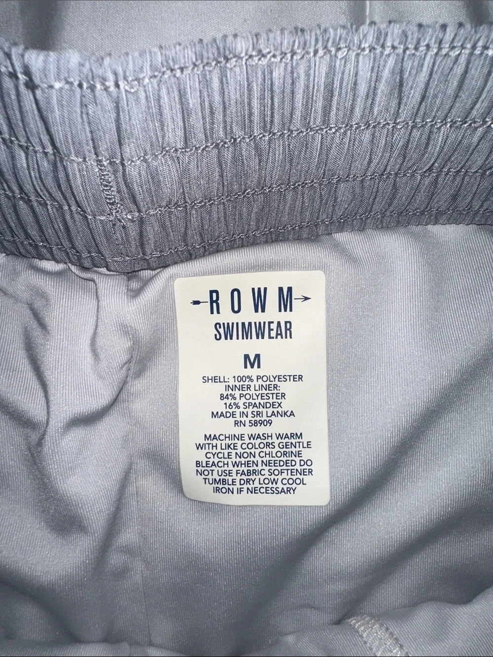 ROWM Men's Grey Swim Trunks with Elastic Waist and Black Drawstring
